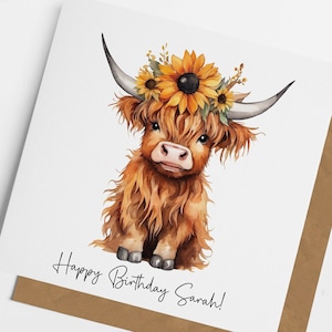 Carte d'anniversaire personnalisée vache Highland, tournesol, carte d'anniversaire vache mignonne, carte pour ami, carte pour fille, cadeaux vache, carte pour maman