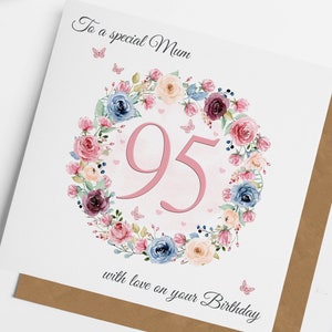 Carte florale de joyeux anniversaire des 95 ans pour elle, 95e anniversaire de grand-mère, 95e anniversaire de femme, maman, amie, soeur, tante, nounou, 95e anniversaire