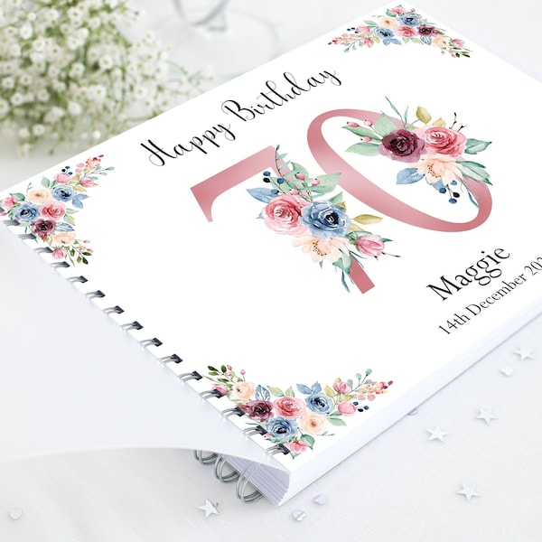 Personalised Floral 70th Birthday Guest Book, 70th Birthday Scrapbook, Birthday Album, 70th Birthday Gift, 70th Memory Book, Birthday Party