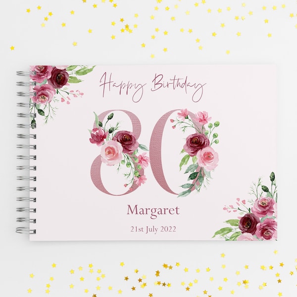 Personalised Floral 80th Birthday Guest Book, 80th Birthday Scrapbook, Birthday Album, 80th Birthday Gift, 80th Memory Book, Birthday Party