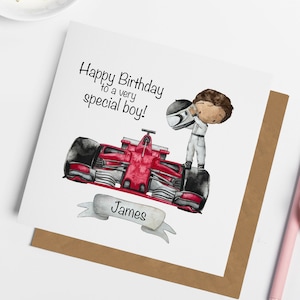 Carte d'anniversaire personnalisée voiture de course, carte pour enfants, cartes pour garçons, fils, frère, petit-fils, carte d'anniversaire nom, cartes pour petits garçons