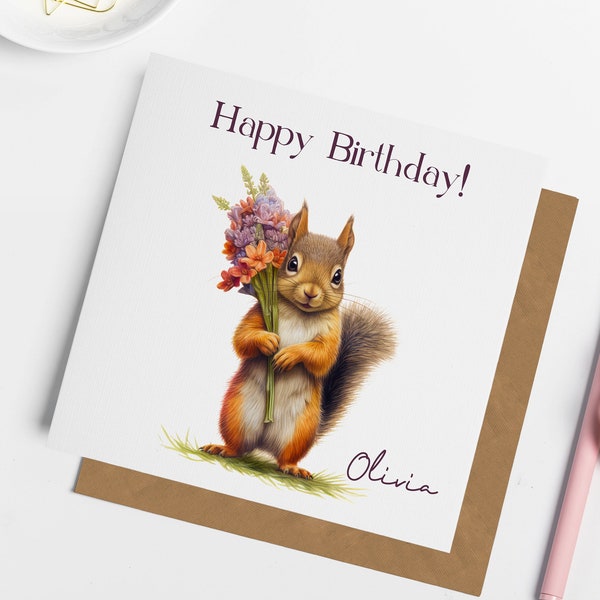 Personalised Squirrel Birthday Card, Cute Duck Birthday Card, Card for friend, Card for daughter, Squirrel Gifts, Card for Mum