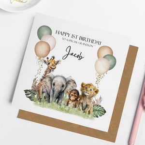 Carte personnalisée pour tout âge, 1er 2e 3e 4e anniversaire, carte Safari, carte pour petit-fils, neveu, filleul, fils, carte pour enfants, animaux sur safrai