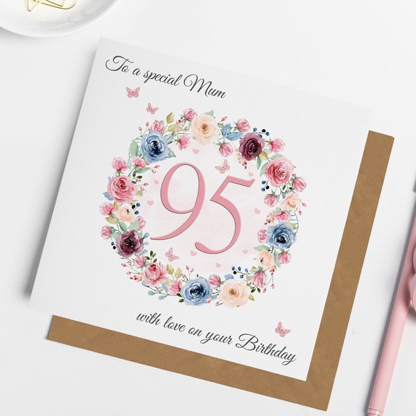 Floral 95th Happy Birthday Card for Her, 95th Birthday Grandma, 95th Birthday Wife, Mum, Friend, Sister, Auntie, Nanny, 95th Birthday