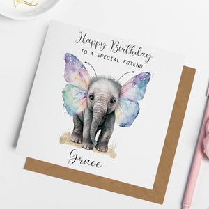 Carte d'anniversaire personnalisée éléphant papillon, anniversaire éléphant mignon, carte pour ami, carte pour fille, cadeaux éléphant, carte pour maman