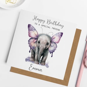 Carte d'anniversaire personnalisée éléphant papillon, anniversaire éléphant mignon, carte pour ami, carte pour fille, cadeaux éléphant, carte pour maman