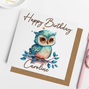 Carte d'anniversaire personnalisée hibou, anniversaire hibou mignon, carte pour un ami, carte pour fille, cadeaux hibou, carte hibou, carte pour maman
