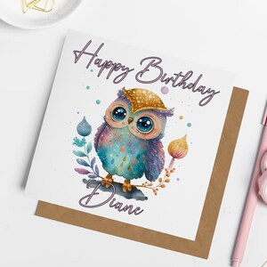 Carte d'anniversaire personnalisée hibou, anniversaire hibou mignon, carte pour un ami, carte pour fille, cadeaux hibou, carte hibou, carte pour maman