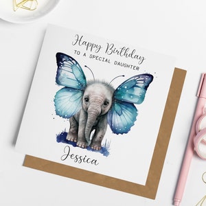 Carte d'anniversaire personnalisée éléphant papillon, anniversaire éléphant mignon, carte pour ami, carte pour fille, cadeaux éléphant, carte pour maman