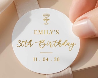 Personalised Gold Foiled Birthday Stickers, Custom Name & Date Stickers, Favour Labels, Party Favours, 16th, 18th, 21st, 30th, 40th, Elegant