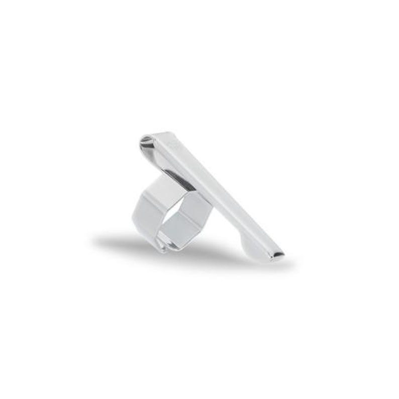 May include: A silver-colored, metal ring clip with a rectangular bar extending from the ring. The clip is designed to hold papers or other small items. The object is set against a white background.