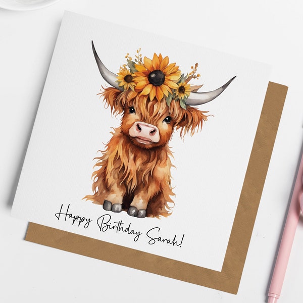 Personalised Highland Cow Sunflower Birthday Card, Cute Cow Birthday Card, Card for Friend, Card for daughter, Cow Gifts, Card for Mum