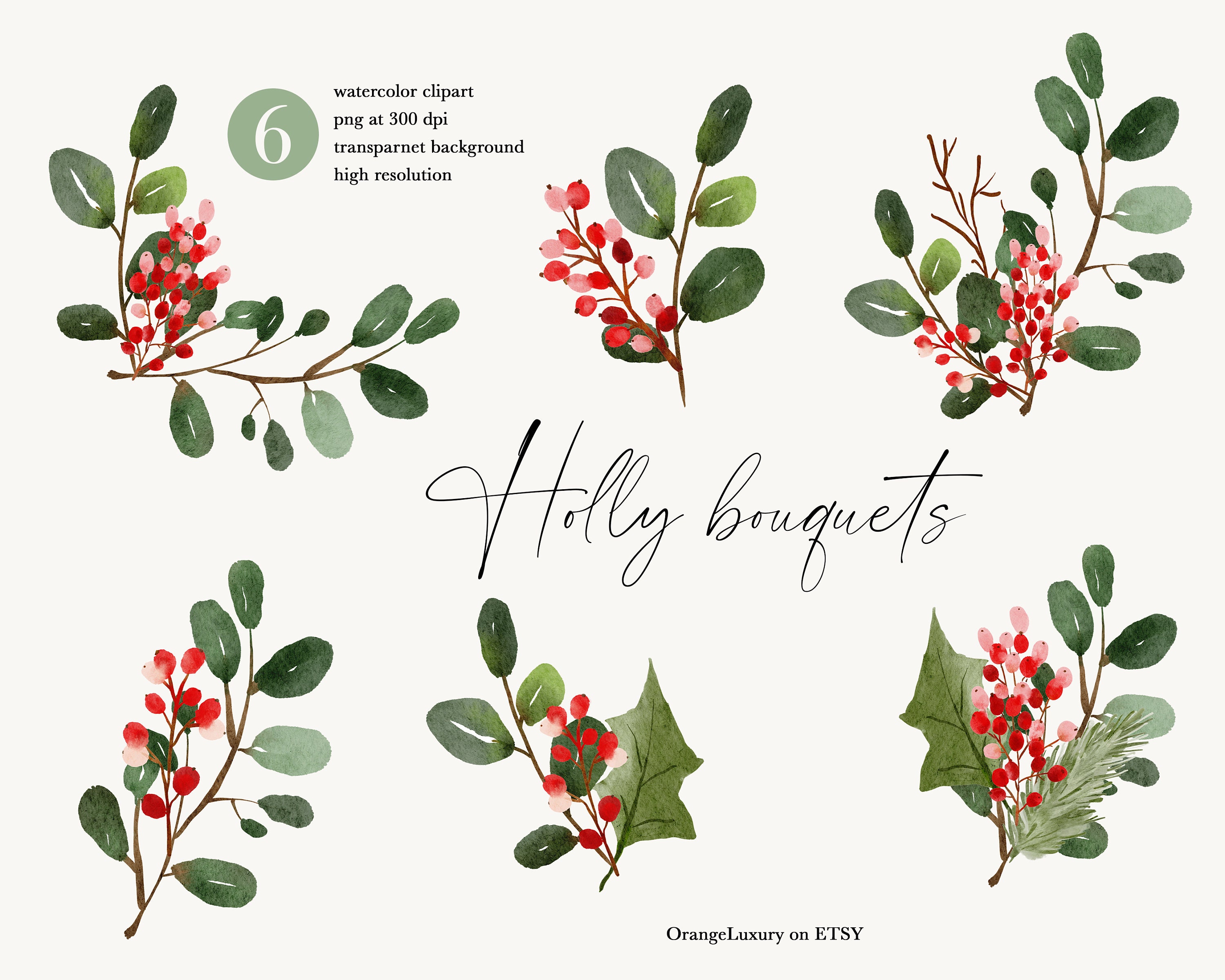 Winter Greenery, Single Watercolour Wreath Clipart, Winter Wreath, Holly  Leaves, Holly Berries, Winter Berries Wreath, Christmas Wreath