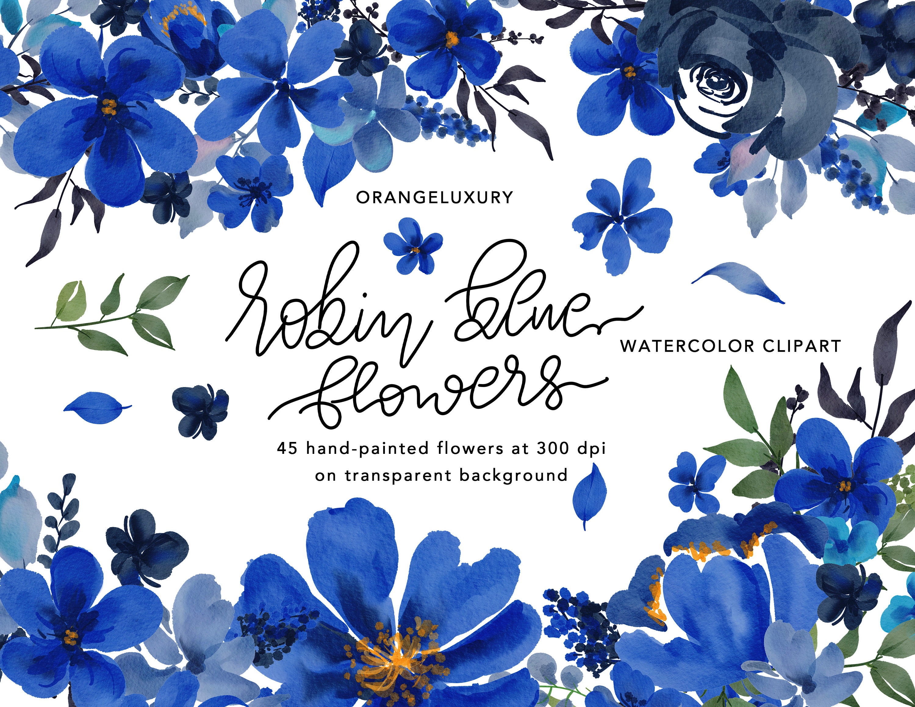 Watercolor Blue Flowers Indigo Floral Clip Art Navy Blue | Etsy