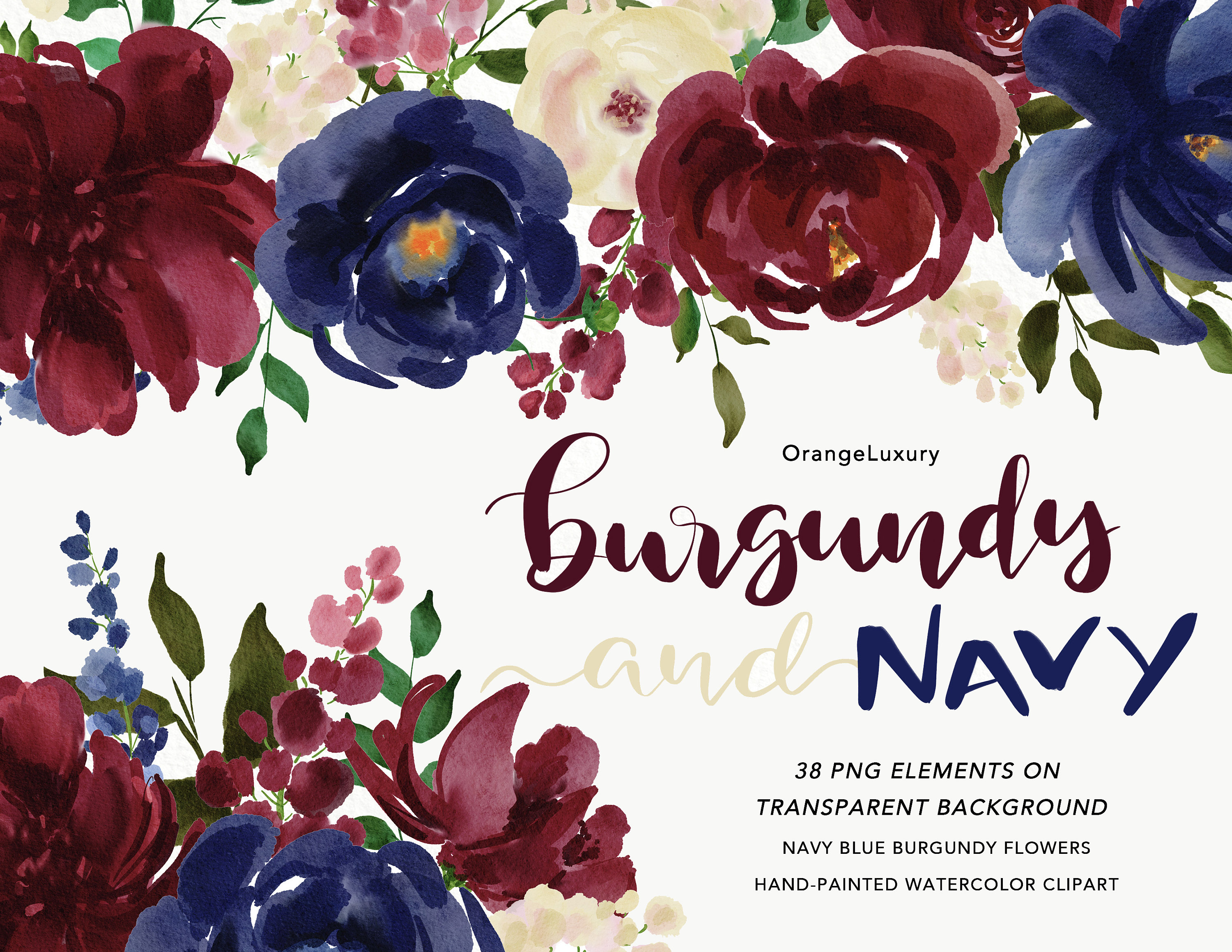 Bridal flowers invitation clip art Colorful  navy and burgundy floral watercolor wedding bouquets clip art Wedding decoration elements.