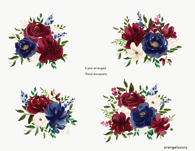 Watercolor Floral Clip Art burgundy &amp; Navy Flowers Digital - Etsy