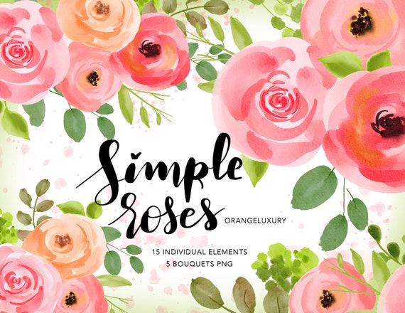 Download Simple Watercolor Flowers Clipart Roses Floral Clip Art Leaves Branch Bouquet Png Digital Download Hand Painted