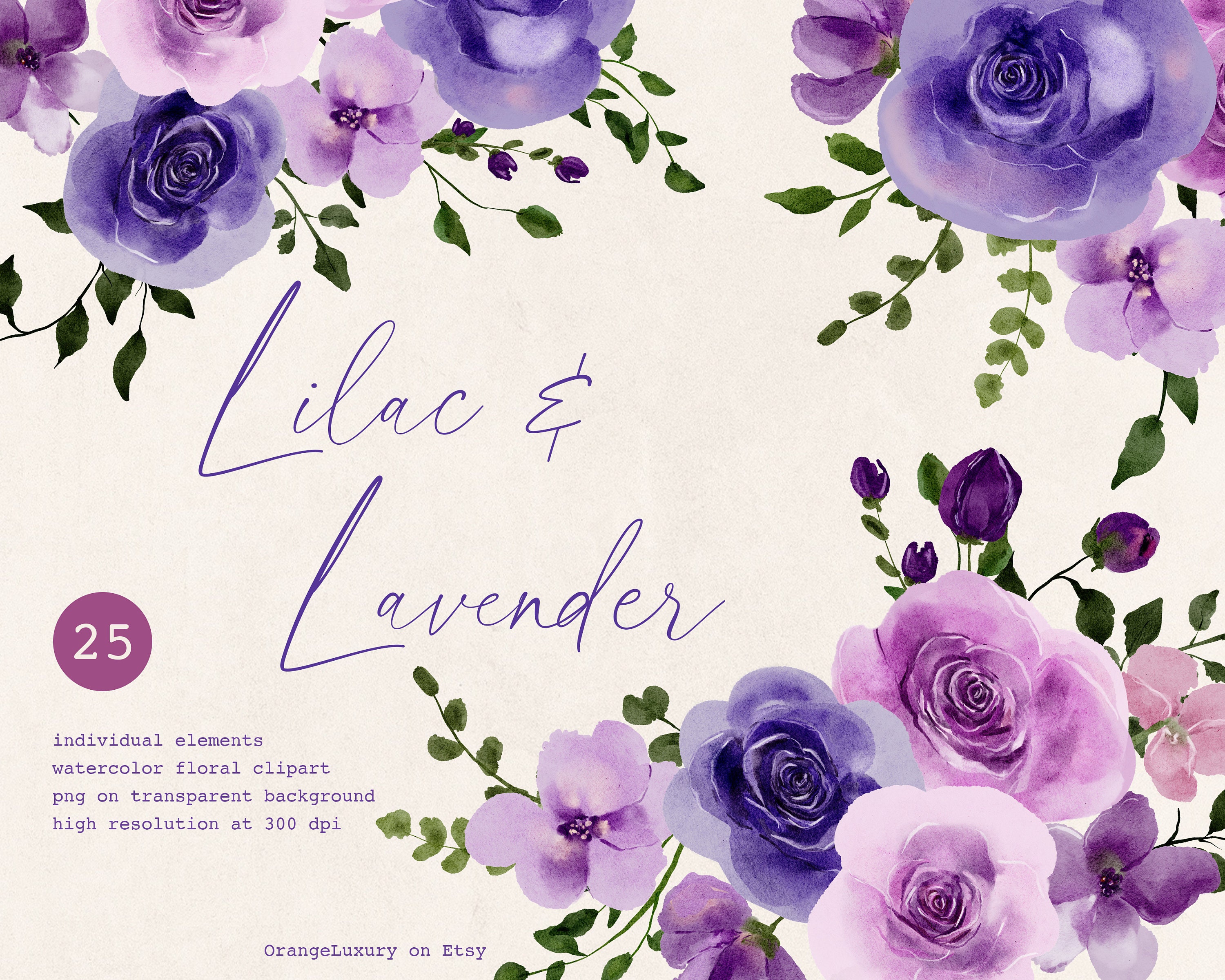 Watercolor Rose Clip Art, Lavender Lilac Flowers, Watercolor Bouquets
