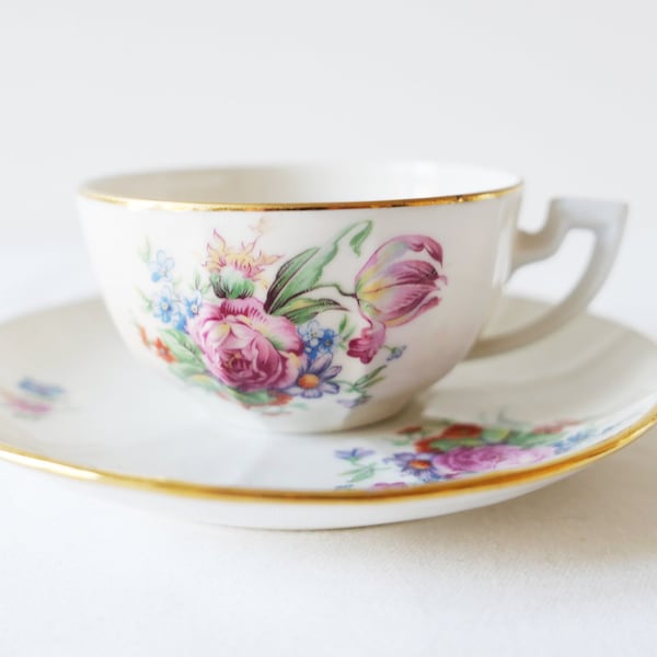 Limoges vintage tea cofee pair-porcelain-Teacup-Cup and Saucer-Vintage Floral Tulips Daisies-Roses Carnations-Fine Porcelain tea cofee paire