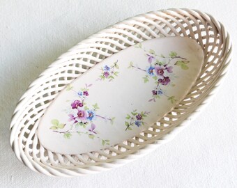 Vintage French White Ceramic Woven Look Basket Bowl Fruit Bread Serving Dish Plate-French trivet-Ceramic wicker dish-handmade ceramic basket