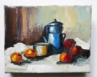 Vintage painting-rustic still life-kitchen painting-French nature morte-Still Life Painting Oil Painting-Vintage Painting