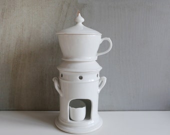 French Antique Individual Teapot-White Porcelain Single Herbal Teapot-Antique French porcelain teapot and warming stand-antique tisaniere