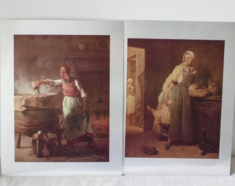 Set of 2 vintage paintings printed on metal-aluminum-antique painting-French artists- La Lessiveuse-Musée du Louvre-Back from the Market