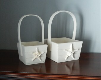 Set of Two Rustic Baskets, Beach Decor, Starfish, Summer, Off White, Ivory, Wood, Wooden, Handled, Square, Seashell, Utility, Decorative