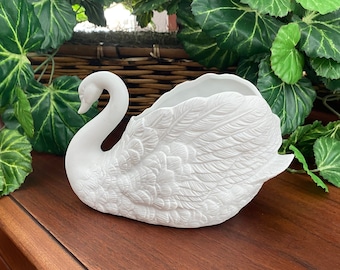 Nice Bisque Porcelain Small Swan Planter, Snow White, Deeply Embossed, 1980s. Graceful, Floral Arrangement Container, Wedding, Bridal