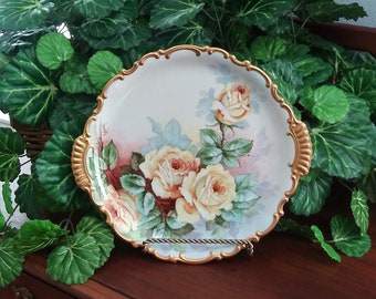 Ornate Large Decorative Plate by Hertel Jacob Porzellan, Handpainted, Yellow Roses, Heavy Gilding, Bavaria, C. Koenig, Stunning, Scalloped