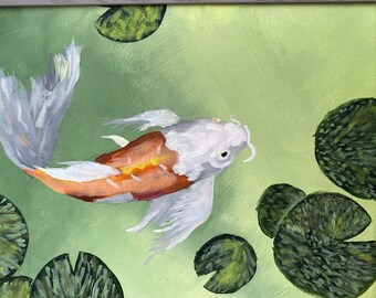 Genuine Acrylic Painting 11x14, Horizontal, Framed, Koi Fish With Lily Pads, Pale Green, Gold, Orange, White, Gray, Beach Decor, Tropical