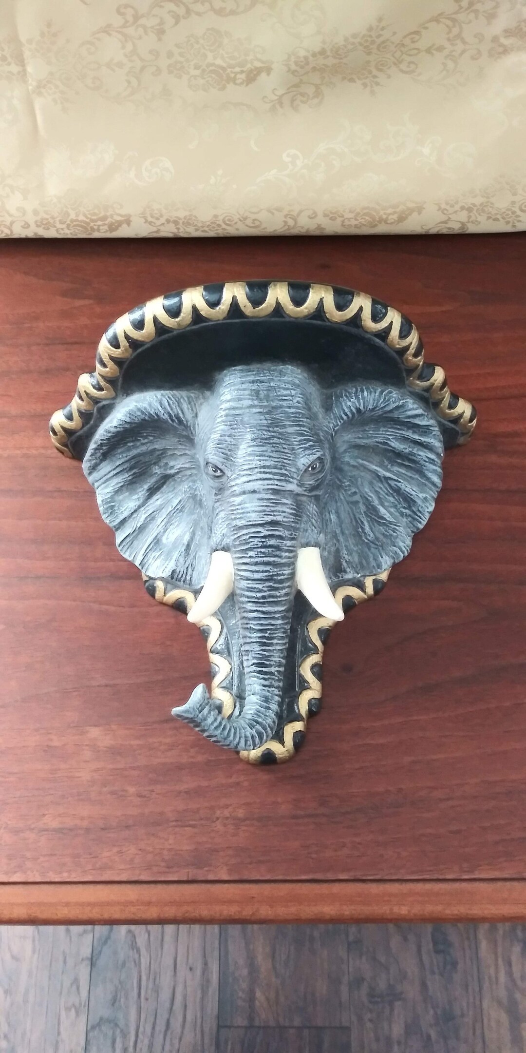 Vintage Plaster Elephant Wall Shelf, Detailed, Gray, Black, Ivory