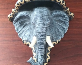 Vintage Plaster Elephant Wall Shelf, Detailed, Gray, Black, Ivory, African Decor, African Elephant, Jungle Theme, Wall Mount, Figural