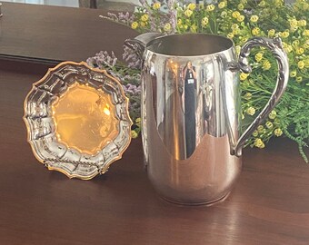 Silver Lot Sheridan Silverplate Water Pitcher and International Silver Scalloped Candy Dish in Chippendale Pattern, Minimalist