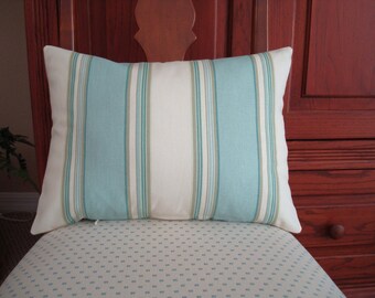 Pretty Handmade 12X16 Light Green Aqua And Cream Striped Pillow Cover, Aqua, Turquoise, Square, Cotton, Canvas, Hidden Zipper