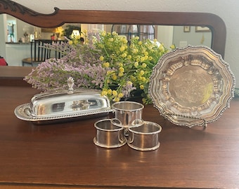 Lot of Silver WM Rogers Butter Dish, Leonard Silver Napkin Rings, Avon Silverplate, Italy Candy Dish, Wedding, Silverplate