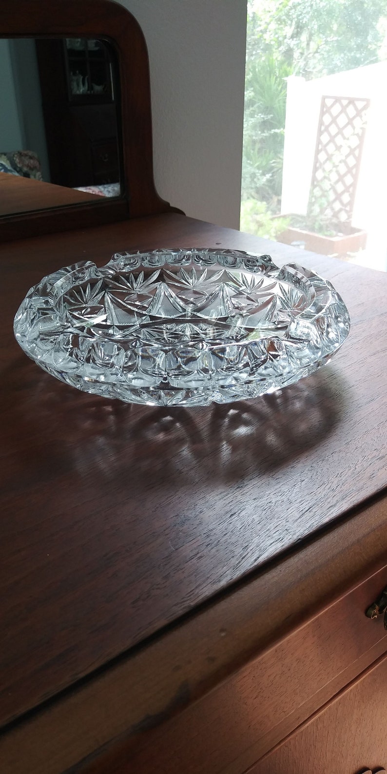 Heavy Round Glass Ashtray, Sunburst Design, Art Deco, Clear Glass, Stylized, Trinket Dish, Quality, Paperweight, Eight Inches image 9