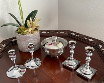 Lot of Chrome Irwinware Candle Holders, Unsigned Serving Dish, Mid Century Modern, Silvertone, Candlesticks, Set of Four, 1960s