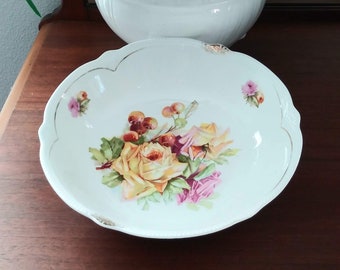 Pretty Vintage Scalloped Bowl, Yellow and Pink Roses, Beading, Gilding, Possibly Antique, Rose Bowl, Victorian