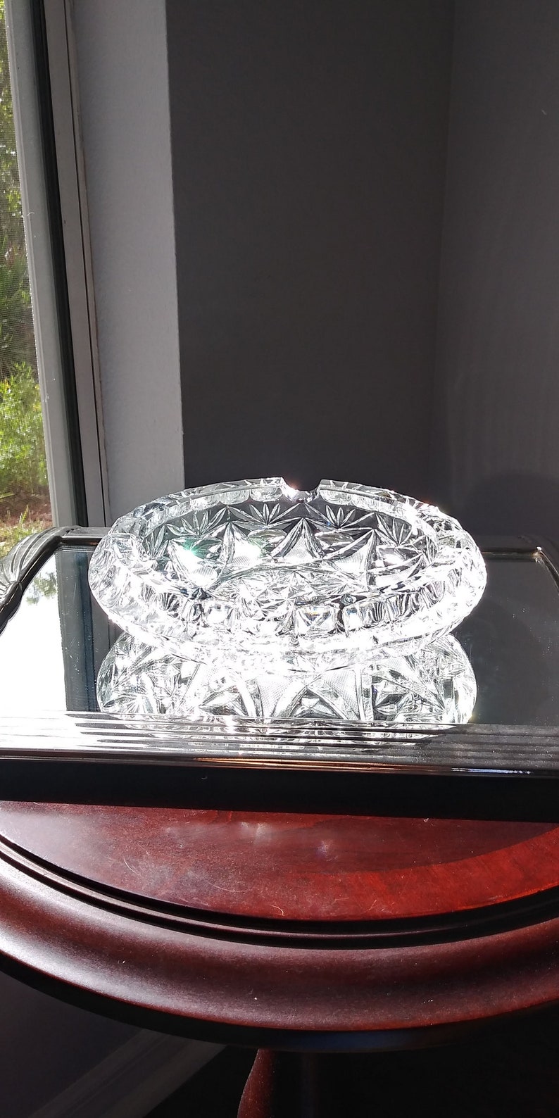 Heavy Round Glass Ashtray, Sunburst Design, Art Deco, Clear Glass, Stylized, Trinket Dish, Quality, Paperweight, Eight Inches image 3