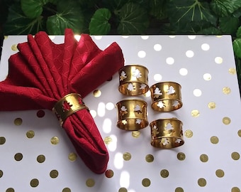 Set of Four Plus One Brass Christmas Tree Napkin Rings, Round, Pierced, Holiday Dining, Gold, Five, Rustic, Solid Brass,