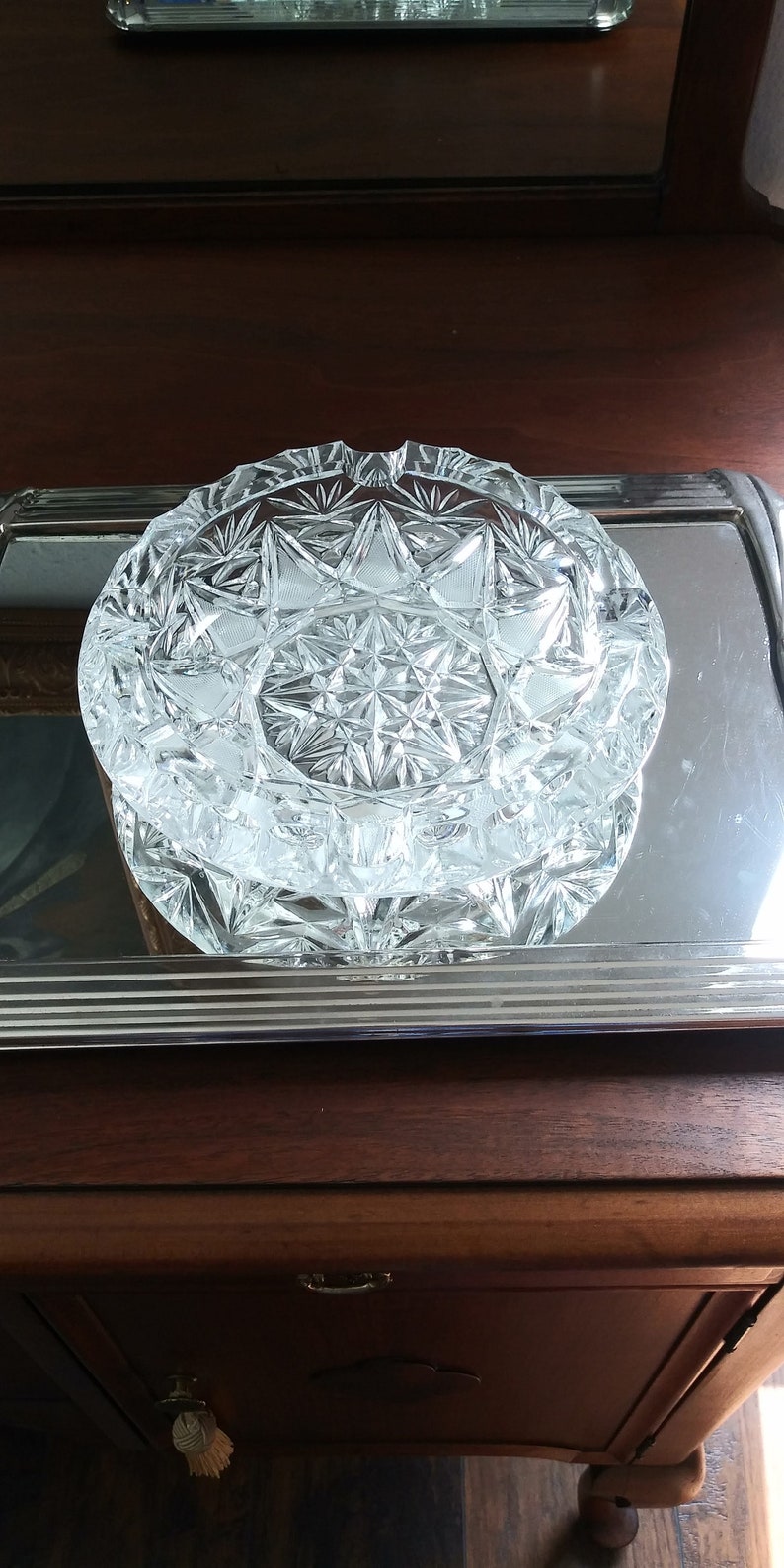 Heavy Round Glass Ashtray, Sunburst Design, Art Deco, Clear Glass, Stylized, Trinket Dish, Quality, Paperweight, Eight Inches image 5