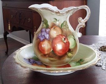 Vintage Norleans, Japan Small Wash Bowl and Pitcher, Fruit, Still Life, Slightly Imperfect, Gilded, Ceramic Possibly Antique