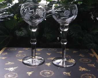 Charming Pair of Two Etched Crystal Sherry Glasses, Clear Glass, Flowers, Vines, Leaves, Made in Romania, Tall, Ornate, Liqueur, Wine, Small