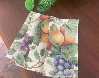 Fruit Orchard Napkins Set of Four, Pears, Grapes, Apples, Vines, and Leaves, 16" Square Napkin, Dining, Home Decor, Earthy, Laundered