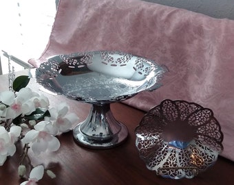 Lot of Two Chrome or Chromium Serving Dishes, Tall Pierced Compote & Candy Dish, Silver, Silver Tone, Wedding, Serving, Thanksgiving, Footed