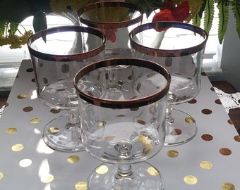 Unusual Copper-Rimmed Cylindrical Brandy Snifters, Glasses, Barware, Liqueur, Cocktail, Parfait, Sherbet, Footed, Clear Glass, Set of Four