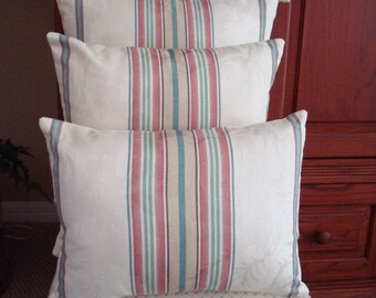 SALE!  Set of 3 Pillow Covers in Top Quality Designer Fabric, P. Kaufmann Fabrics, Stripe, Jacquard, Pillows, Cream, Green, Tan