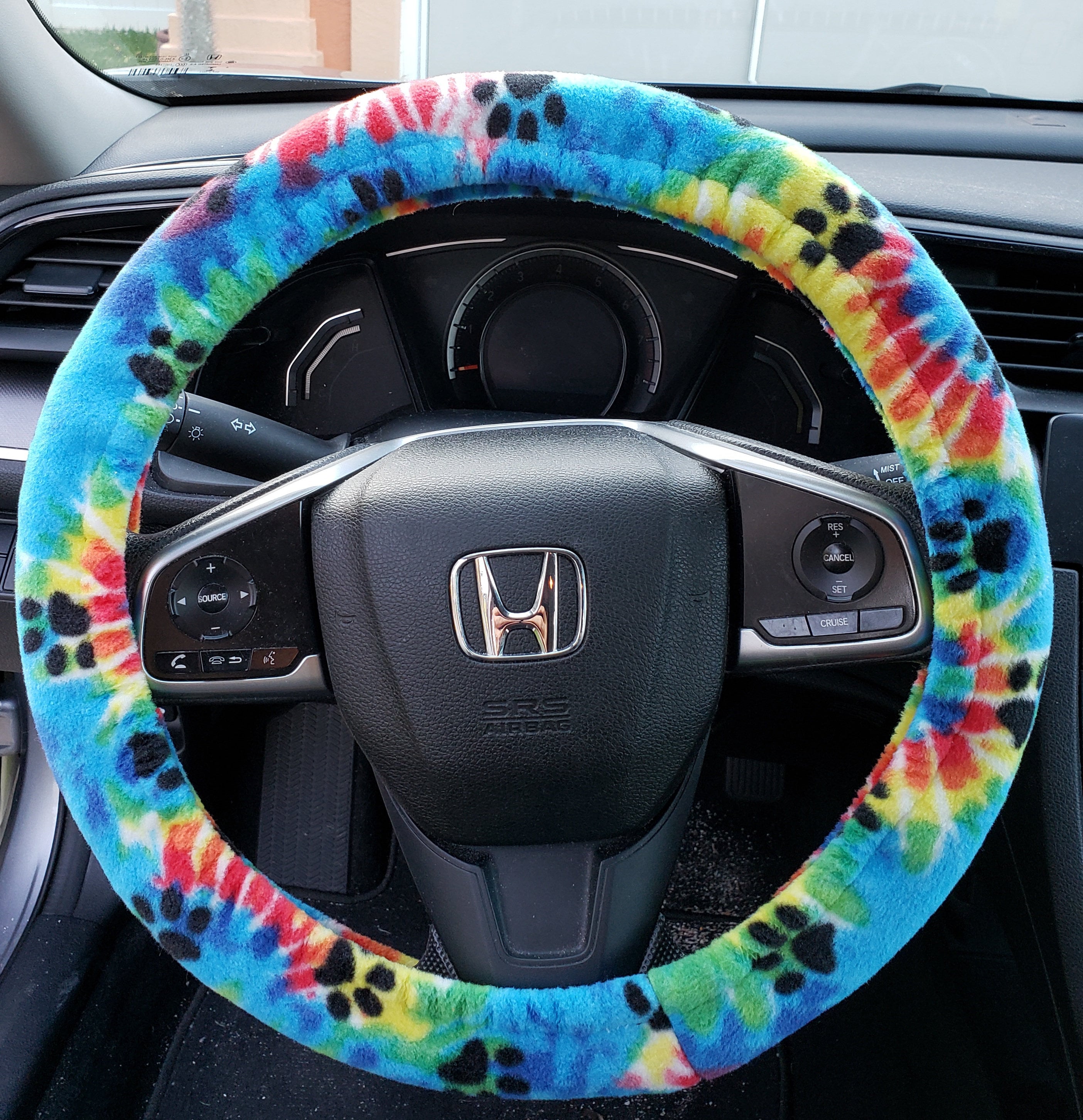 Plush Fleece Steering Wheel Cover Rainbow Paw Print Tie Dye Tye Dye