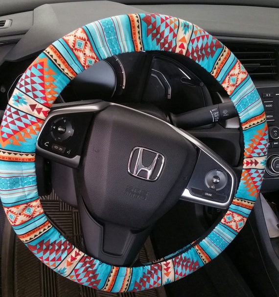 Tucson Southwest Aztec Steering Wheel Cover/ Terracota Tribal Wheel Cover/  Turquoise and Orange / Car Accessories/ India Native America .. 